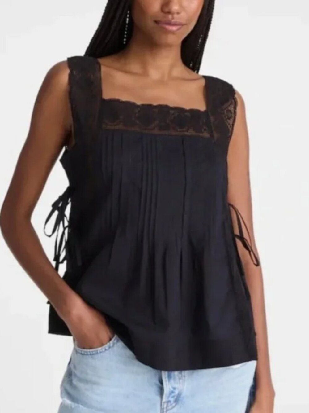 Madewell Sophie Cotton Delicate Lace Side Ties Sleeveless Top Black Size S NWT